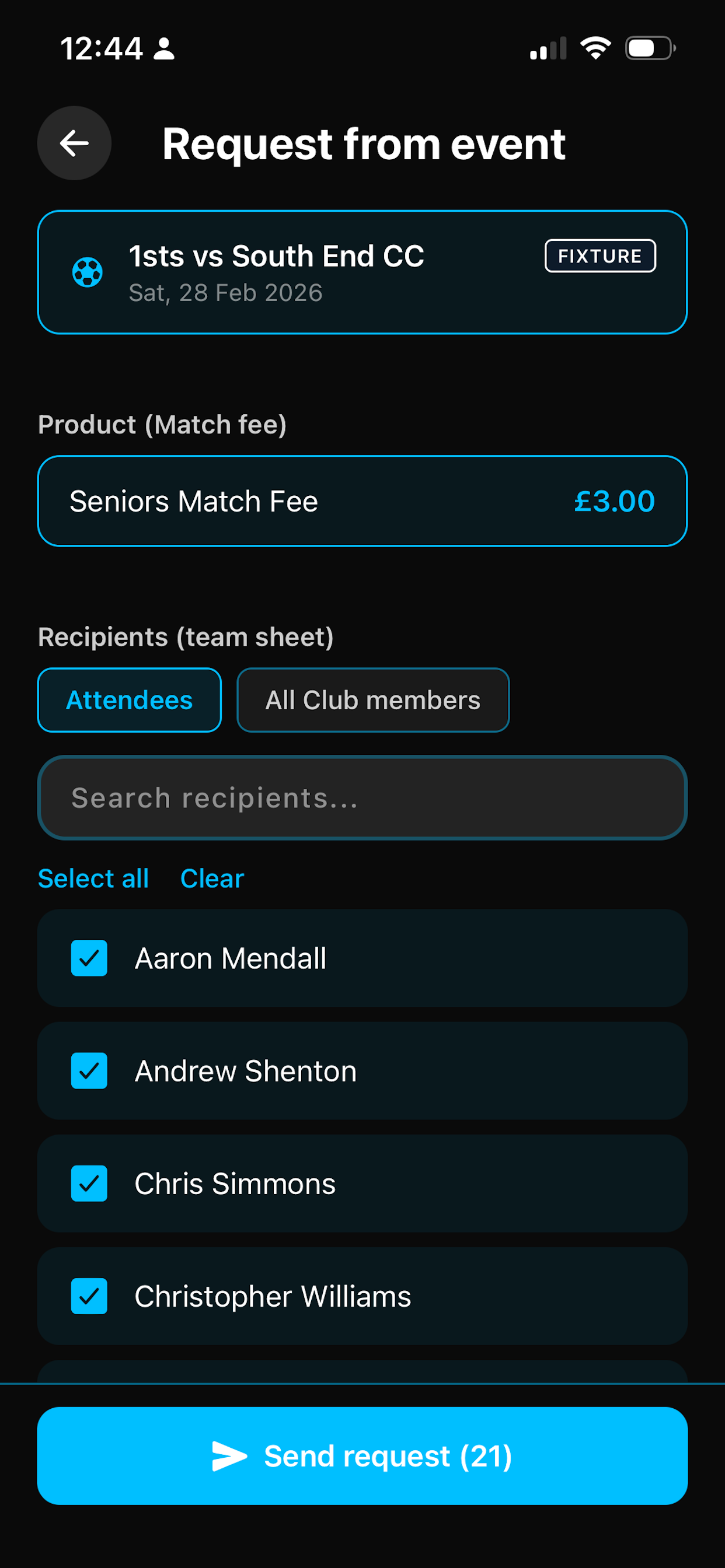 Send payment request in Get The Game On