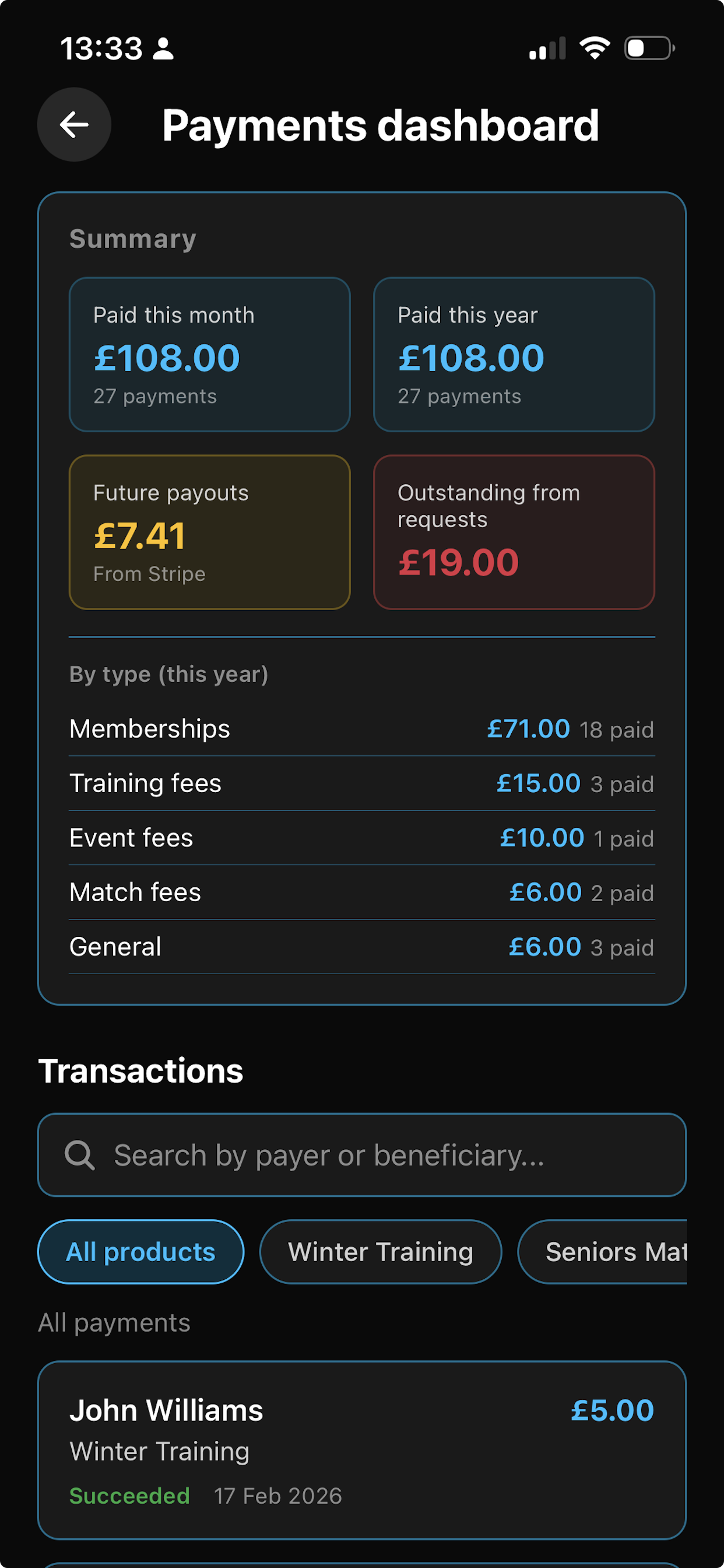Payments dashboard overview in Get The Game On