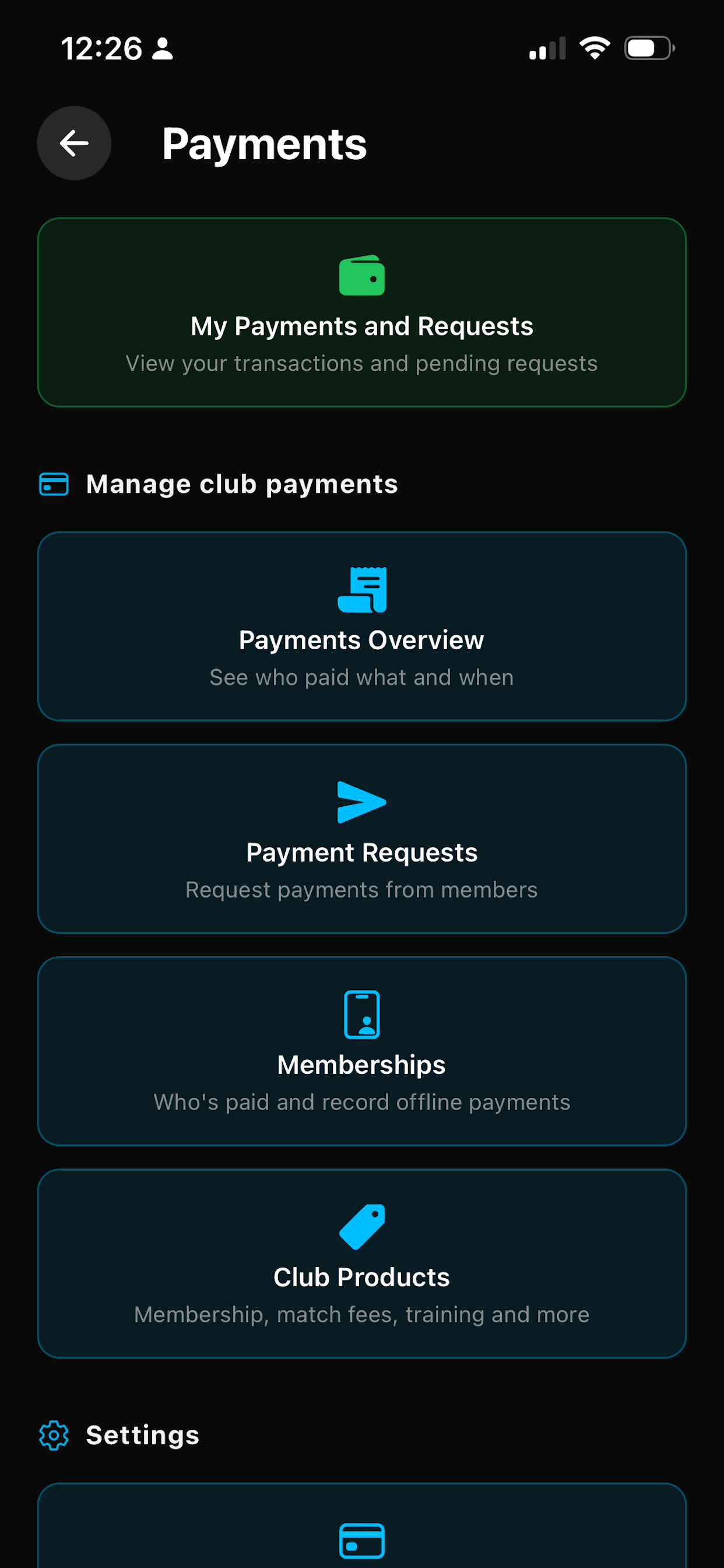 Payments menu in Get The Game On