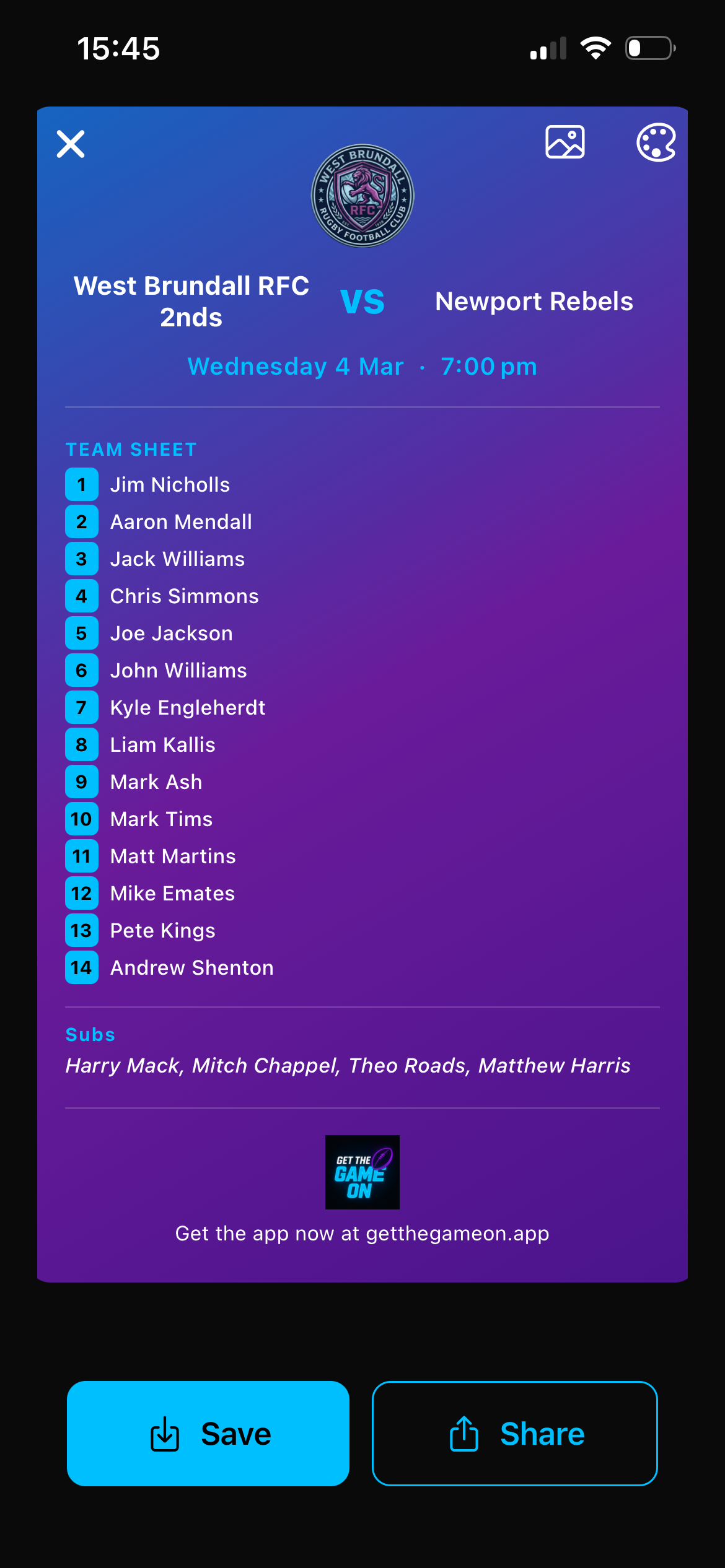 Team sheet and player selection in Get The Game On 1