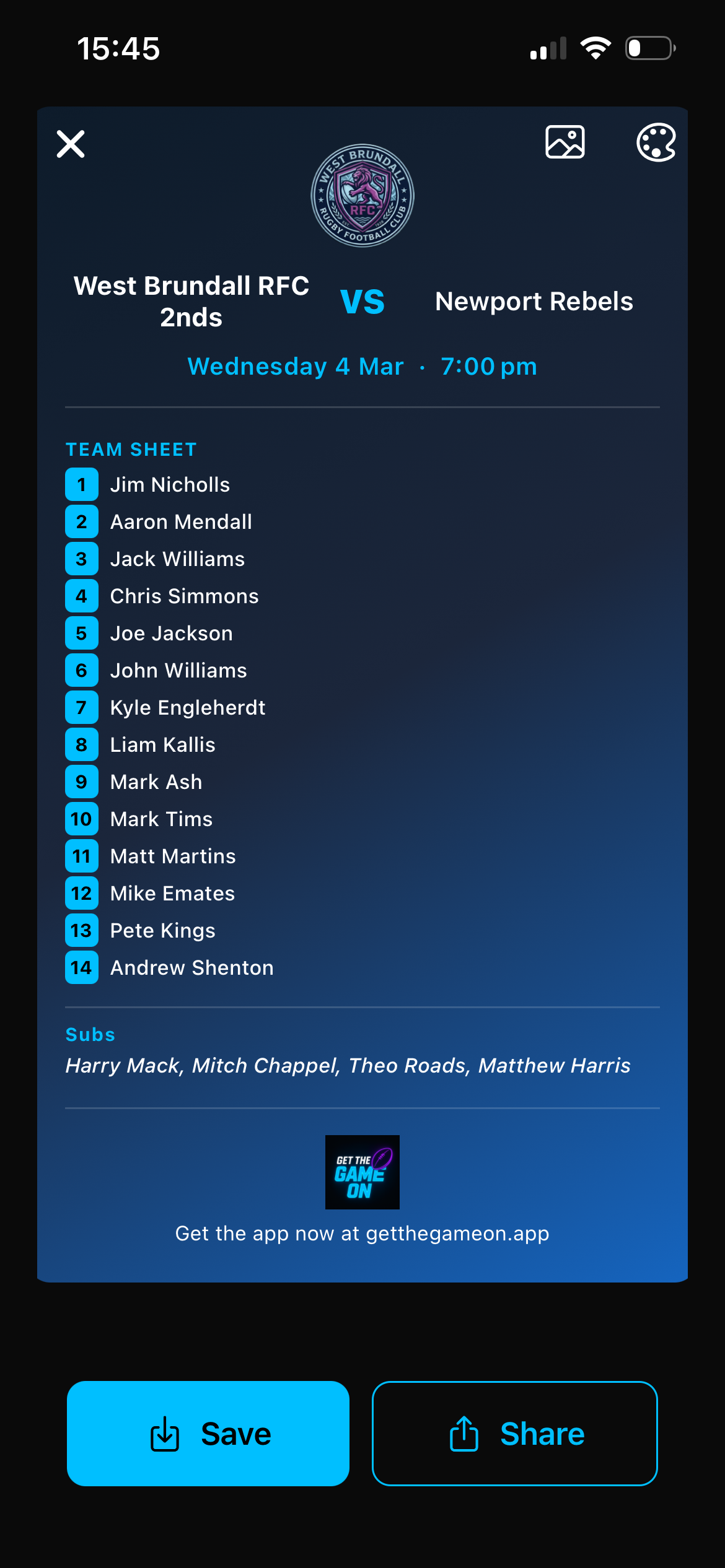 Team sheet and player selection in Get The Game On 2