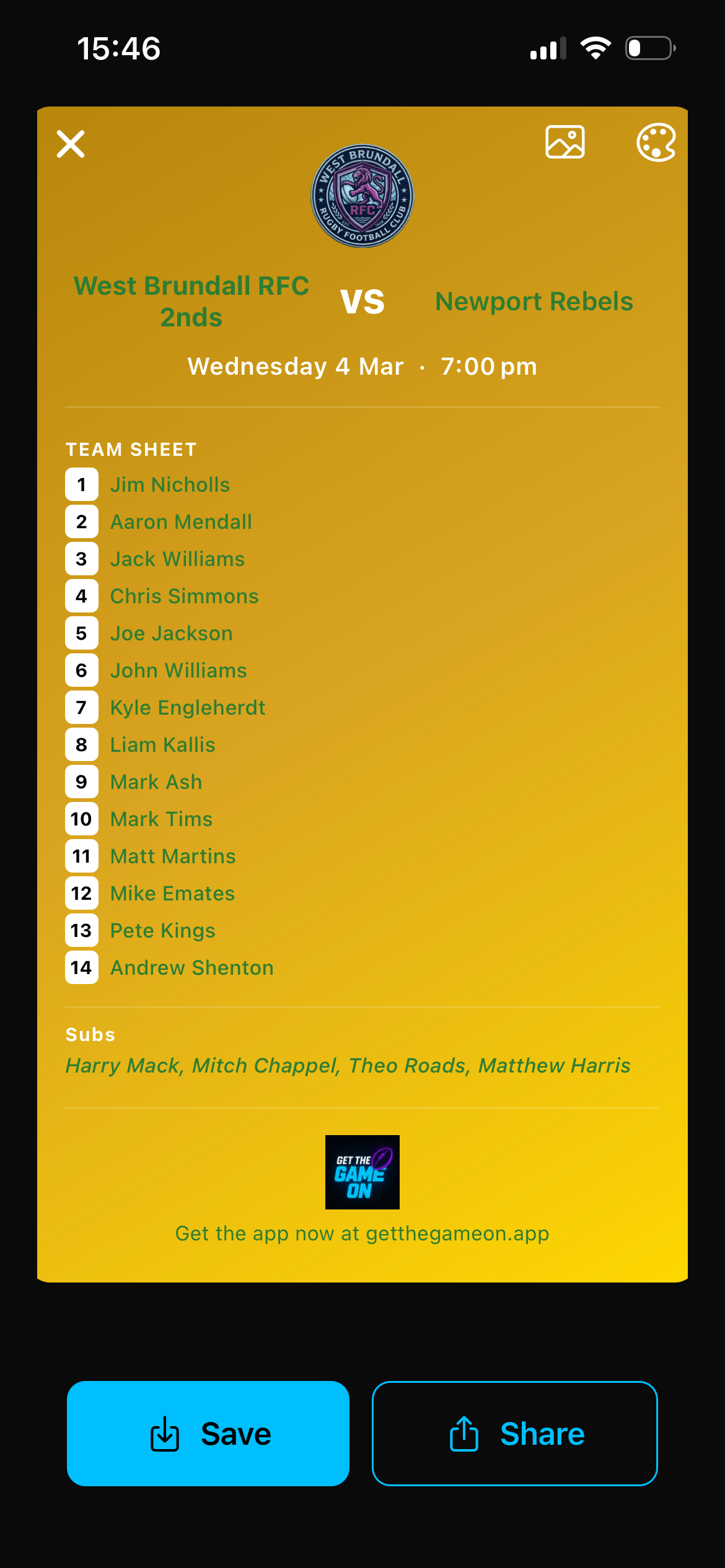 Team sheet and player selection in Get The Game On 3