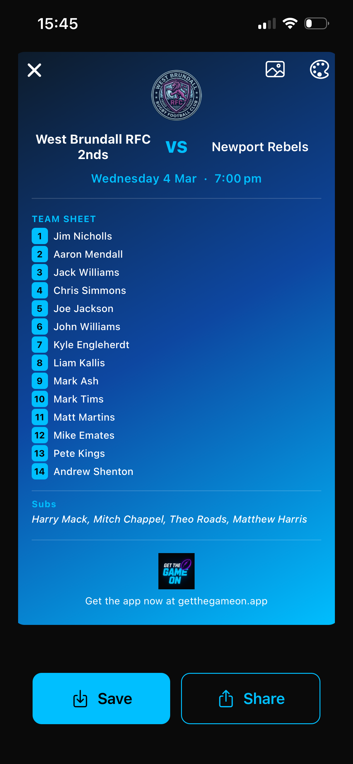 Team sheet and player selection in Get The Game On 4