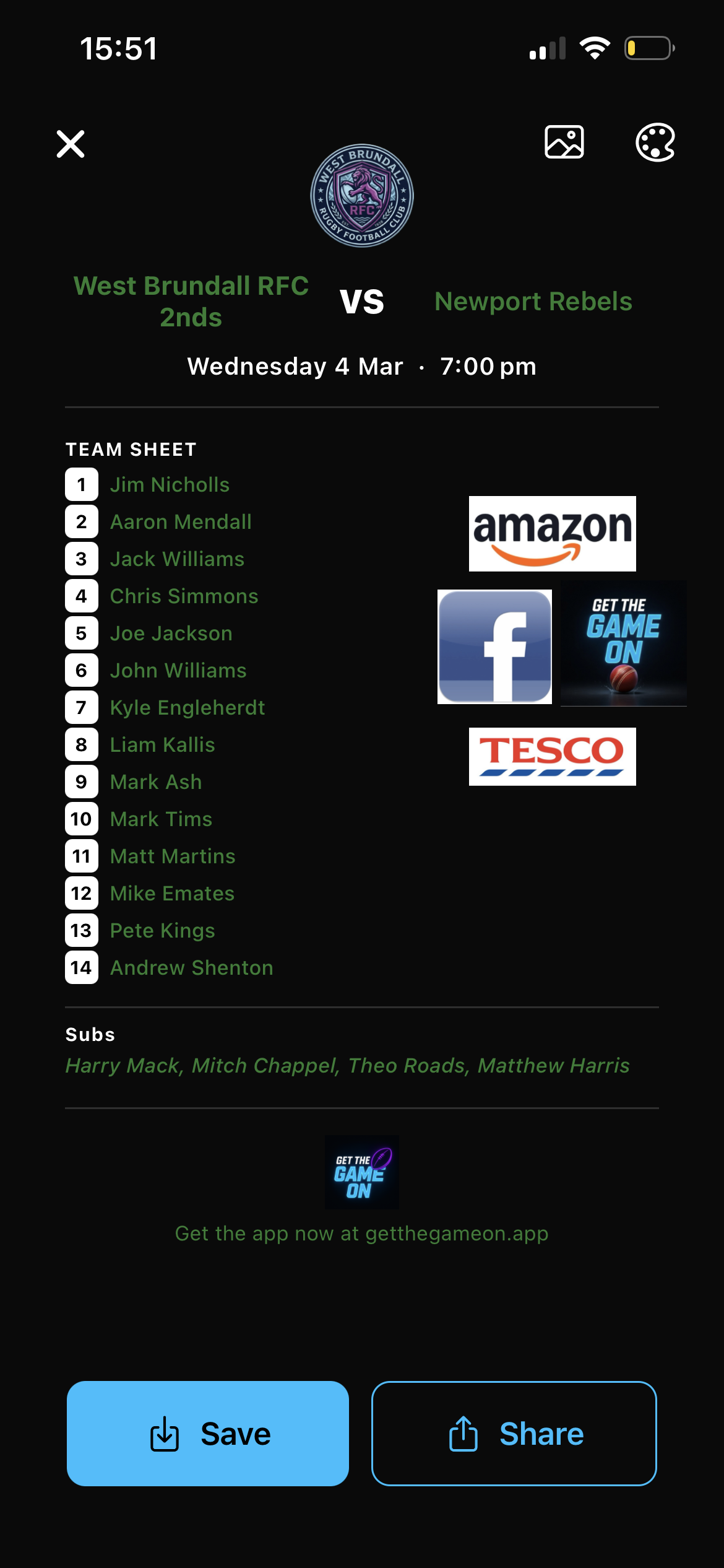 Team sheet and player selection in Get The Game On 5