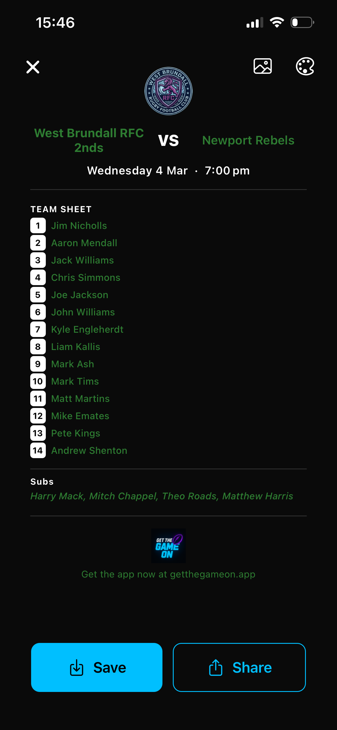 Team sheet and player selection in Get The Game On 6